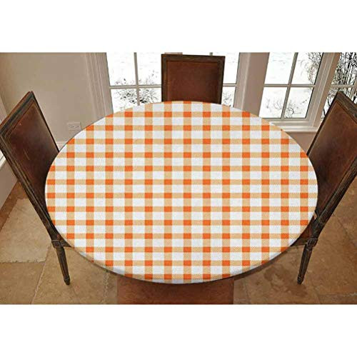 Lyzelre Elastic Polyester Fitted Table Cover,Retro Gingham Style Checkered Squares Pattern in Warm Colors Plaid Decorative Dinner Fitted Table Cloth, Fits Tables up to 36 Diameter,Orange and White