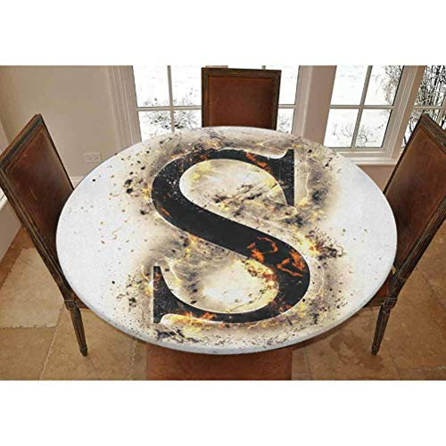 Elastic Polyester Fitted Table Cover,Fire Letter Uppercase S with Fiery Hot Flames Charred Symbol and Background Decorative Fitted Outdoor/Indoor Tablecolth, Fits Tables up to 36,Tan Black Orange