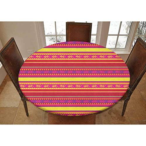 Elastic Polyester Fitted Table Cover,Vibrant Colored Striped Pattern with Abstract Lizard Animal Figures Folk Borders Decorative Picnic Fitted Table Cloth, Fits Tables up to 36 Diameter,Multicolor