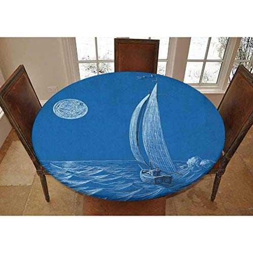 Lyzelre Elastic Polyester Fitted Table Cover,Night Sea View Sail Boat in Moonlight Wavy Nautical Ship Illustration Decorative Picnic Fitted Table Cloth, Fits Tables up to 36 Diameter,Violet Blue
