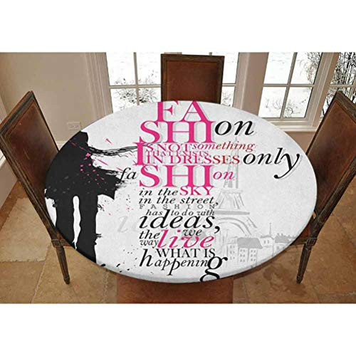 Lyzelre Elastic Polyester Fitted Table Cover,Woman Figure in Paris in Autumn Inspirational Words Vogue Theme Art Print Decorative Fitted Round Tablecolth, Fits Tables up to 36 Diameter,Black Pink