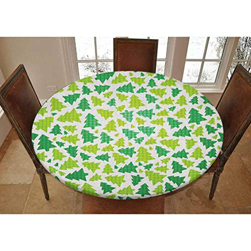 Lyzelre Elastic Polyester Fitted Table Cover,Simplistic Fir Pine Tree Silhouettes with Checkered Pattern Decorative Picnic Fitted Table Cloth, Fits Tables up to 36 Diameter,Fern Green Green White