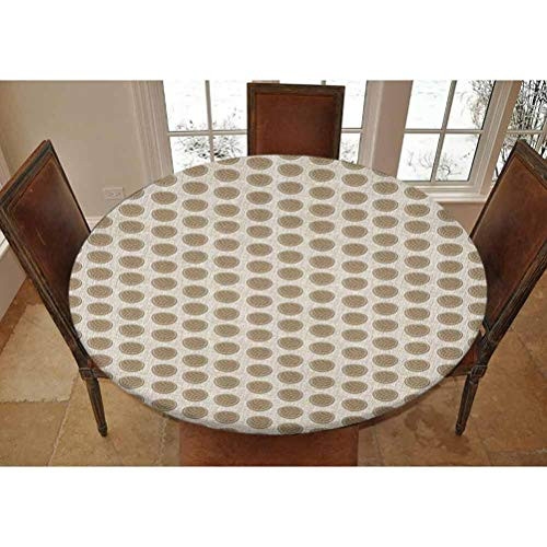 Elastic Polyester Fitted Table Cover,Vintage Inspirations Rhombus Pattern in Circular Shapes on Line Background Decorative Picnic Fitted Table Cloth, Fits Tables up to 36 Diameter,Pale Brown White