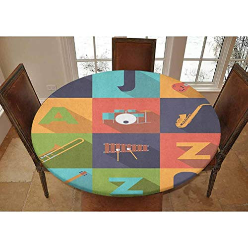 Elastic Polyester Fitted Table Cover,Colorful All Jazz Equipment Set on Flat Design Funky Music Symbols Graphic Design Decorative Picnic Fitted Table Cloth, Fits Tables up to 36 Diameter,Multicolor