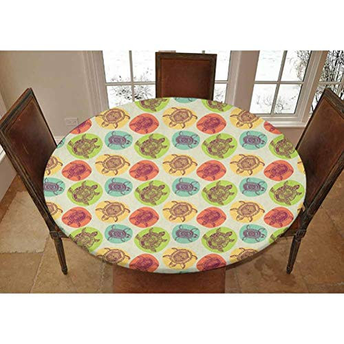 Elastic Polyester Fitted Table Cover,Aquatic Tortoise Animals Artistic Figures with Patterns on Pastel Color Blots Decorative Picnic Fitted Table Cloth, Fits Tables up to 36 Diameter,Multicolor