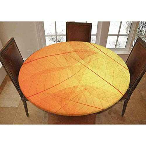 Elastic Polyester Fitted Table Cover,Autumn Nature Fall Season Themed Dried Leaves with Skeleton Vivid Veins Close Up Decorative Picnic Fitted Table Cloth, Fits Tables up to 36 Diameter,Orange Yellow