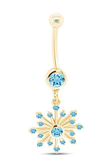 AFFY Round Shape Simulated Aquamarine Snowflake Belly Button Navel Ring in 14K Yellow Gold Over Sterling Silver AFFY Round Shape Simulated Aquamarine Snowflake Belly Button Navel Ring in 14K Yellow Gold Over Sterling Silver