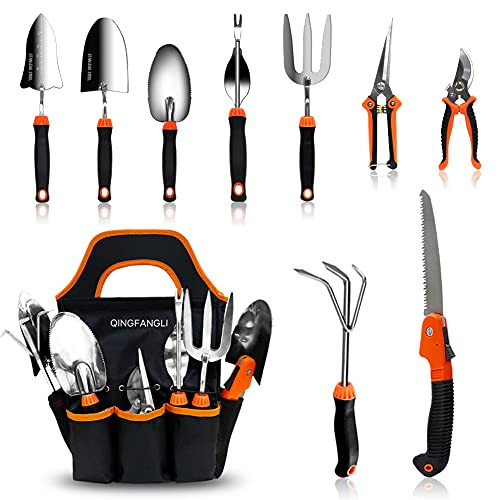 QINGFANGLI Garden Tool Set, 10 PCS Stainless Steel Heavy Duty Gardening Tool Set with Soft Rubberized Non-Slip Ergonomic Handle Storage Tote Bag, Gardening Tool Set Gift for Women and Men