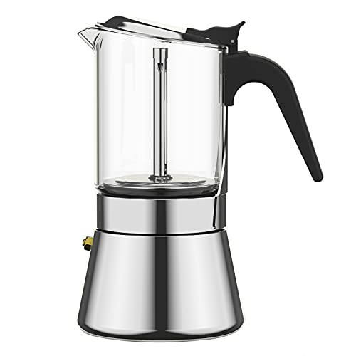 SIXAQUAE Moka Induction Stovetop Espresso Maker,Crystal Glass-top  and  Stainless Steel Espresso Moka Pot,Classic Italian coffee maker,240ml-6cup-