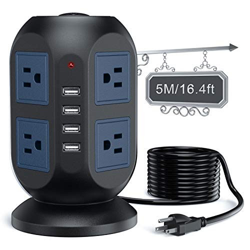 Power Strip Tower Surge Protector - 5M/16.4FT Surge Protector Power Strip with USB, Power Strip Extension Cord with 8 AC Outlets  and  4 USB Ports, Overload Protection, Short Circuit Protection.