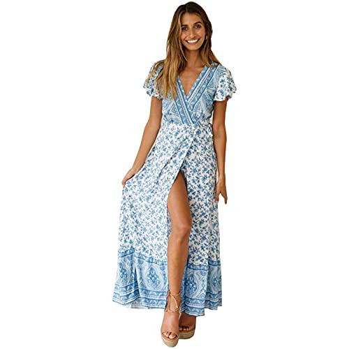 MEDRESPIRIA Summer Dresses for Women,Women's Bohemian Floral Printed Wrap V Neck Short Sleeve Split Beach Party Maxi Dress