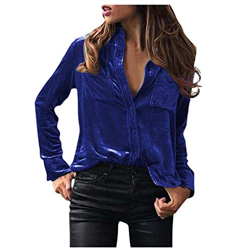 Women's Vintage Velvet T-Shirt Casual Long Sleeve Top Sexy Fashion Button Up Solid Color Blouse Shirts with Pocket Blue