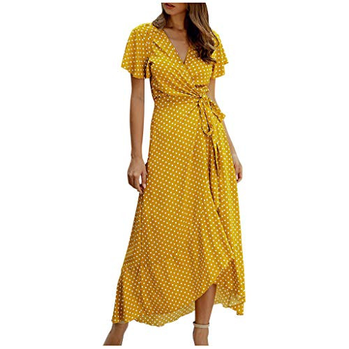 Women's Bohemian Polka Dot Chiffon Wrap V Neck Short Sleeve Split Maxi Dress Holiday Party Dresses Yellow