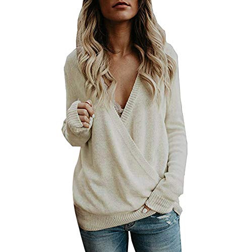vermers Women Sweater Clearance - Women's Knitted Deep V-Neck Long Sleeve Tops Casual Wrap Front Loose Pullover Jumper-M, Beige-
