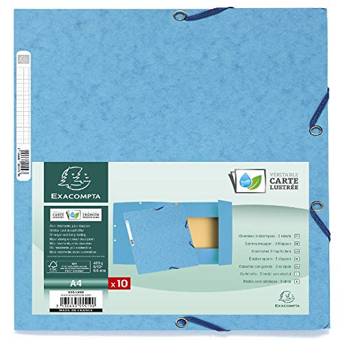 Exacompta Ref. 55519SE Elastic Folders 3 Flaps Glossy Card 400 GSM A4, Turquoise, Pack of 10