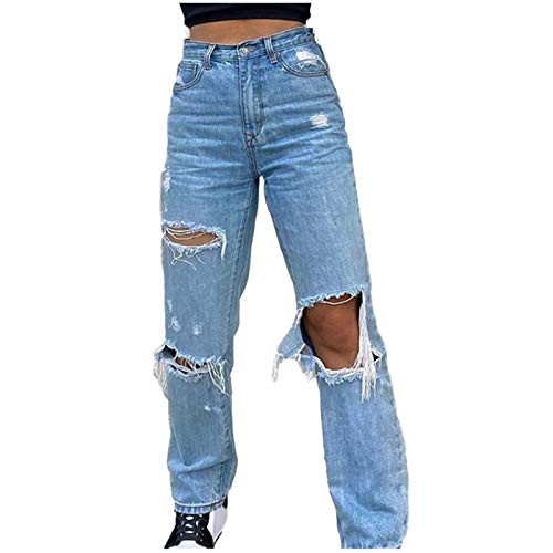 Women Button High Waist Pocket Elastic Hole Jeans Trousers Loose Denim Pants Destroyed Skinny Jeans Denim Pants Trousers Blue