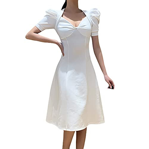 Y2K E-Girl A Line Dress Women Summer Solid Color Sundress 90s Puff Short Sleeve V Neck Beach Mid Length Dress White