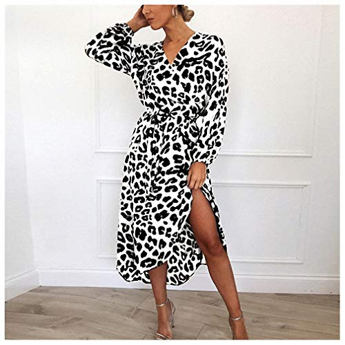 Hiuwa Leopard Dress Women Vintage Long Beach Dress Loose Long Sleeve Deep V-Neck A-Line Sexy Party Dress White S Hiuwa Leopard Dress Women Vintage Long Beach Dress Loose Long Sleeve Deep V-Neck A-Line Sexy Party Dress White S