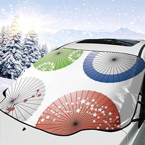 Car Front Window Windshield Snow Cover, Artisan Japanese Umbrella Design with Cherry Blossom Flowers and Star Figures,Car Sunshades Thicker Waterproof Guard Cover -57.946.5-