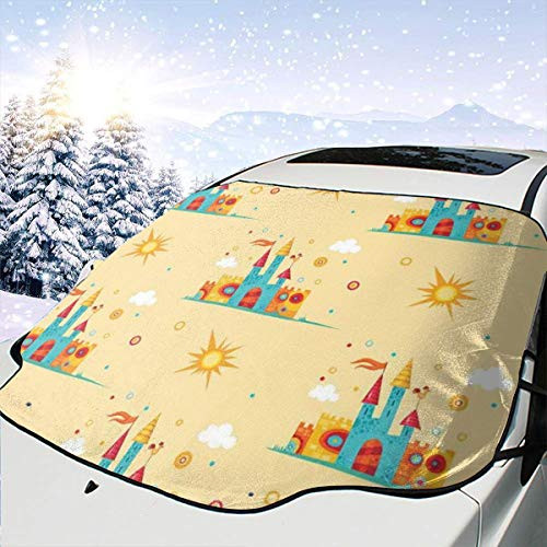 Car Front Window Windshield Snow Cover, Cartoon Illustration of Colorful Funky Medieval Castle Figures Repeating Pattern,Car Sunshades Thicker Waterproof Guard Cover -57.946.5-