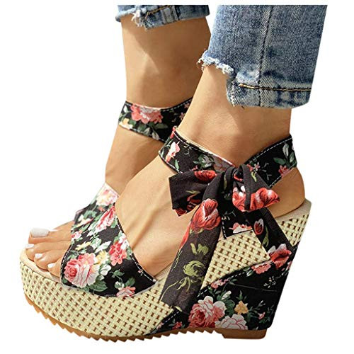 ZBYY Platforms Sandals for Women,Open Toe Lace up Ankle Wrap Espadrille Wedge Sandals Casual Summer Beach Shoes Black