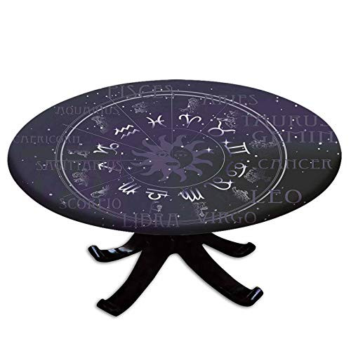 Elastic Edged Polyester Fitted Table Cover,Horoscope Zodiac Sign in Circle Wheel Shape on Star Seem Backdrop Print Decorative,Fits up 40"-44" Diameter Tables,The Ultimate Protection for Your Table,Dar