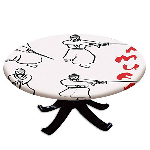 Elastic Edged Polyester Fitted Table Cover,Fight Figures of Samurai with Katana on White Background Asian Martial Art Pattern,Fits up 40"-44" Diameter Tables,The Ultimate Protection for Your Table,Red