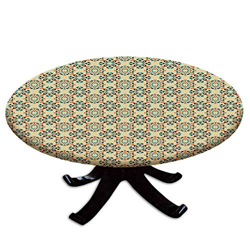 Elastic Edged Polyester Fitted Table Cover,Ethnic Tribal Pattern with Boho Aztec Native American Folk Figures Decorative,Fits up 40"-44" Diameter Tables,The Ultimate Protection for Your Table,Eggshell