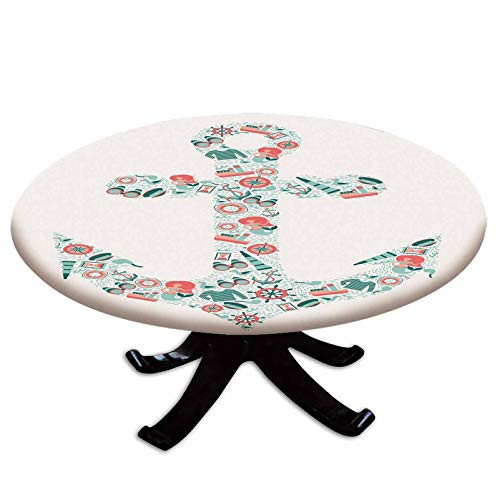 Elastic Edged Polyester Fitted Table Cover,Nautical Icon Shape with Binoculars Captain Hat Compass Mermaid Figures,Fits up 40"-44" Diameter Tables,The Ultimate Protection for Your Table,Seafoam Coral