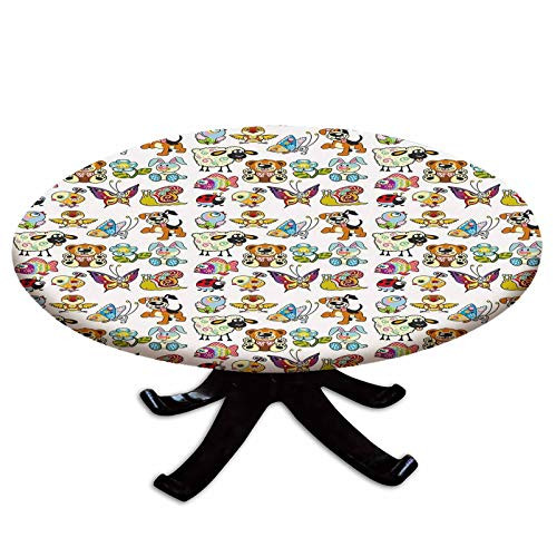 Elastic Edged Polyester Fitted Table Cover,Collection of Cartoon Animals Adorable Funny Toy Figures Play Time Childhood Theme,Fits up 40"-44" Diameter Tables,The Ultimate Protection for Your Table,Mul