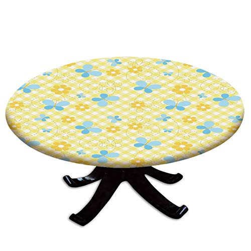 Elastic Edged Polyester Fitted Table Cover,Kids Pattern with Daisy Flower Figures and Cute Butterflies Decorative,Fits up 40"-44" Diameter Tables,The Ultimate Protection for Your Table,Yellow Baby Blu Elastic Edged Polyester Fitted Table Cover,Kids Pattern with Daisy Flower Figures and Cute Butterflies Decorative,Fits up 40"-44" Diameter Tables,The Ultimate Protection for Your Table,Yellow Baby Blu