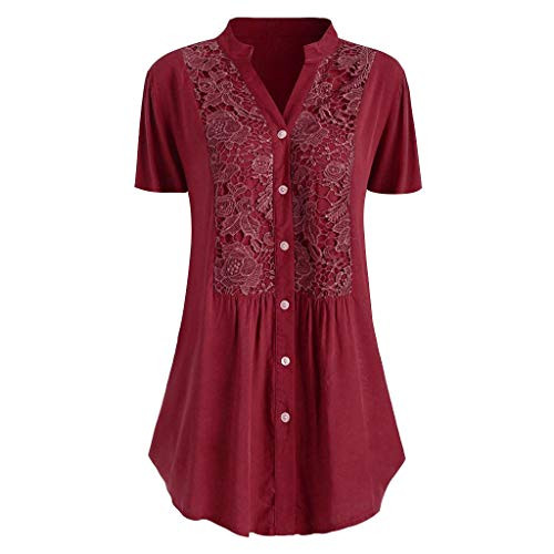 Sttech1 Women Casual Plus Size Lace Shirt Solid Short Sleeves Button Blouse Tops T-Shirt Summer Tunic Tee Shirt Wine