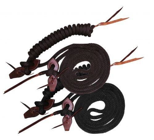 Showman 22' Round Braided Nylon Mecate Reins w/Leather Slobber Straps -Brown-
