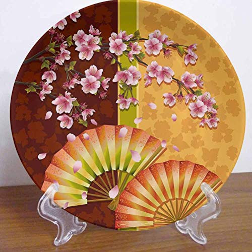 6" Floral Ceramic Dinner Plate Sakura Blooms with Japanese Hand Fan Figures Authentic Design Decor Accessory for Dining Table Tabletop Home Decor