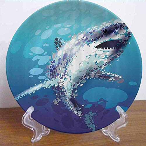 Burton Edith Tablecloth 6" Sea Animal Decor Ceramic Decorative Plate Digital Made Psychedelic Shark Figure with Droplets Scary Atlantic Beast Decor Accessory for Fine Dining, Parties, Wedding