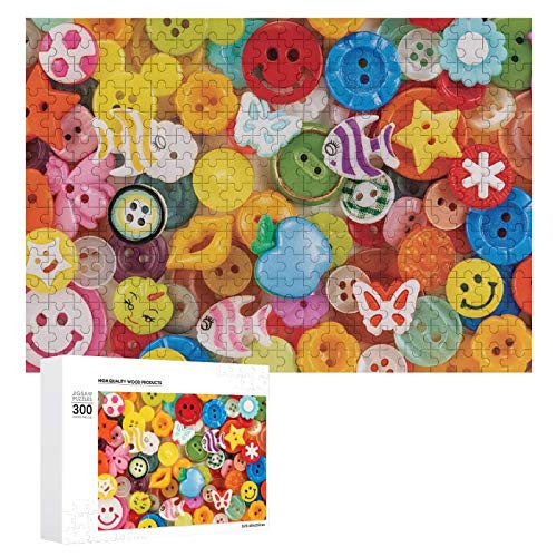 Aleonun Adults 300 Piece Jigsaw Puzzle Happy Colorful Buttons Wooden Puzzle Large Puzzle Game Gift Artworks Paintings