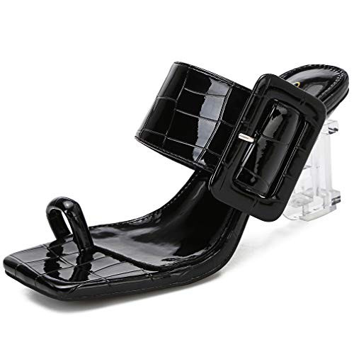 Women's Toe Ring Square Toe Sandals Clear Lucite Chunky Heel Mules Open Toe Slip On Flip Flops Dress High Heels Backless Slides Slippers Black Patent Leather PU Size US9.5