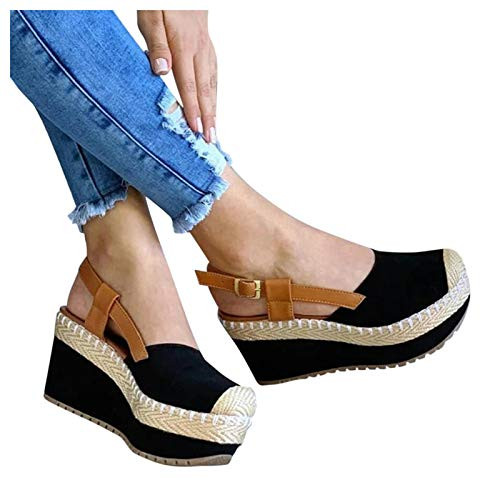 AIHOU Women's Sandals Closed Toe Buckle Strap Espadrille Wedge Platform Sandals Casual Summer Strappy Sandals for Women Black