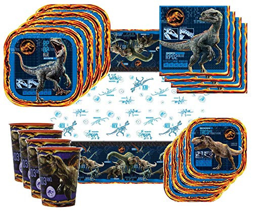 Jurassic World Party Supplies Tableware Bundle Pack For 8 Guests - Includes 8 Dinner Plates, 8 Dessert Plates, 8 Reusable Plastic Cups, 16 Dinner Napkins, and 1 Tablecover