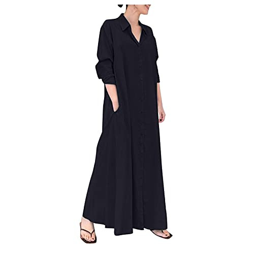 Aniywn Women's Solid Color Long Sleeve Shirts Dress Buttons Down Solid Color Maxi Dresses Cotton Linen Shirts Dress Dark Blue
