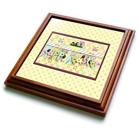 3dRose Image of Happy Easter, Basket, Chicks, Chocolate Eggs, Yellow - Trivets -trv-341906-1-