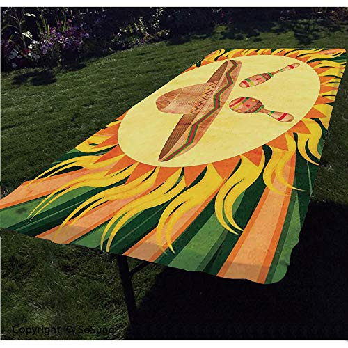 Mexican Decorations Polyester Fitted Tablecloth,Ethnic Hat and Maracas in The Centre of Sun Figure Hippie Style Boho Home Rectangular Elastic Edge Fitted Table Cover,Fits Rectangular Tables 60x30 MUL