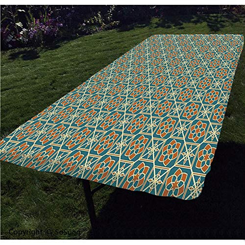 SoSung Arabic Polyester Fitted Tablecloth,Arabesque Flower Decorations Daffodils Ancient Old Framework Artsy Rectangular Elastic Edge Fitted Table Cover,Fits Rectangular Tables 60x30 Teal Orange