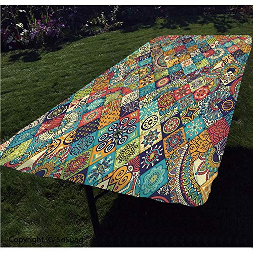 Bohemian Polyester Fitted Tablecloth,Checkered Pattern with Ethnic Ornamental Floral Figures Ethnic Folk Art Abstract Decorative Rectangular Elastic Edge Fitted Table Cover,Fits Rectangular Tables 60x