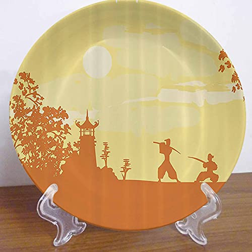 Lyzelre 6" Japanese Ceramic Dinner Plate, Silhouette of Two Ninja Figures in Front of at Sunset Sakura Decor Accessory for Dining Table Tabletop Home Decor