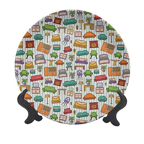 Doodle 6" Ceramic Decorative Plate,Various Home Interior Elements Armchair Table Mirror Design Elements Doodle Style Decorative Ceramic Wall Plate for Upscale Events, Dinner Parties, Weddings