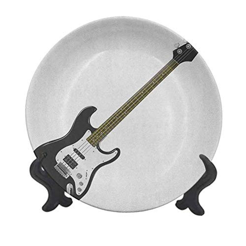 Guitar 6" Ceramic Hanging Decorative Plate,Bass Four String Rhythm Music Rock and Roll Element Detailed Illustration Decorative Ceramic Dinner Plate for Dining Table Setting, Catering