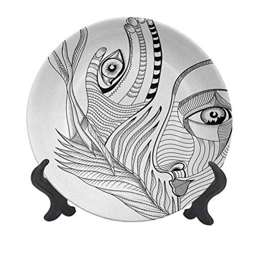 6" Psychedelic Ceramic Plate,Trippy Abstract Surreal Human Face Figures Mehndi Tattoo Style Spiritual Art Creative Decorative Plate for Party Kitchen Grey Black