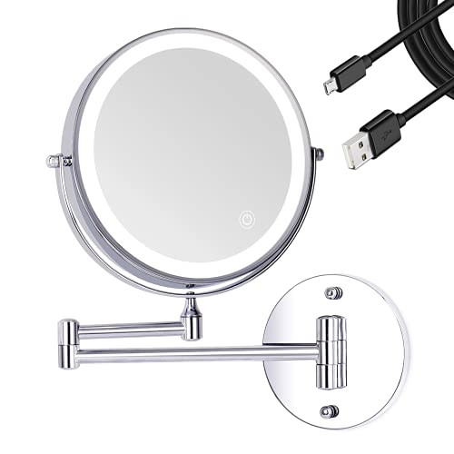 Liouhoum Wall Mounted Makeup Mirror - 8 Inch Rechargeable 1X/10X Magnifying Lighted Vanity Mirrors with 3 Color Lights, Screen Touch, Double Sided Dimmable 360° Chrome Shaving Mirror for Bathroom