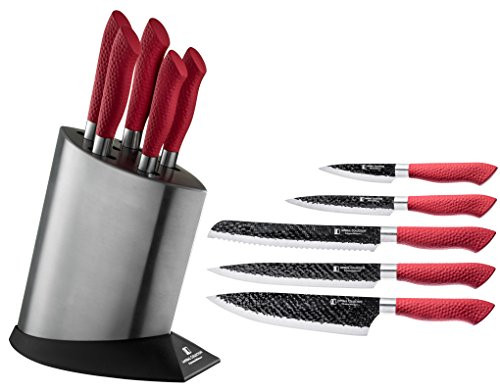 Imperial Collection IM-KST10 RED Stainless Steel Kitchen Cutlery Knife Set with Knife Block and Embossed Non-Stick Coating, 6-Piece (Red)